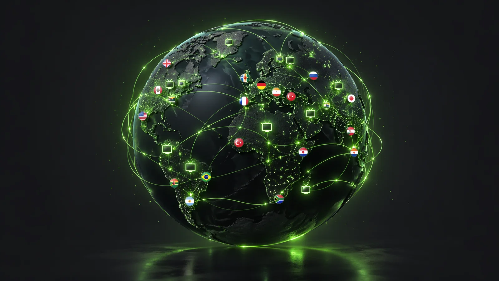 TV Garden interactive 3D globe showing live TV channels from countries around the world on a dark charcoal background with green accents