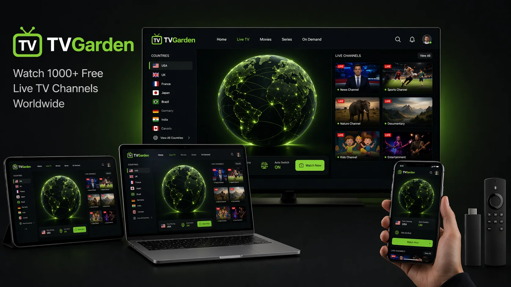TV Garden running on multiple devices including iPhone, Android phone, Windows laptop, Smart TV, and Amazon Fire Stick showing the same free live TV interface