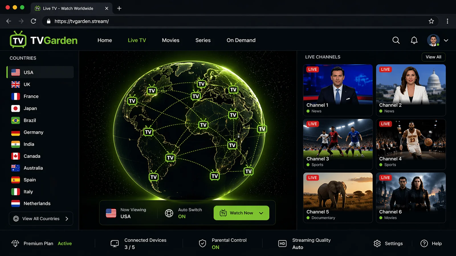 TV Garden web interface screenshot showing the 3D globe, country selector sidebar, and live TV channel grid with news and sports broadcasts